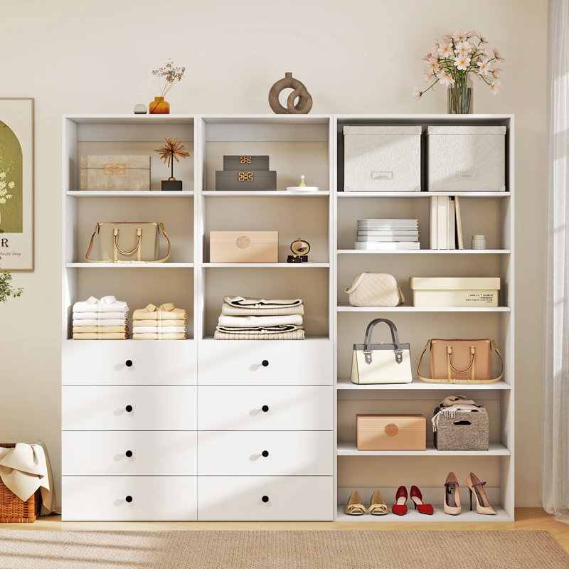 Système d'organisation modulaire blanc avec 12 tablettes et 8 tiroirs