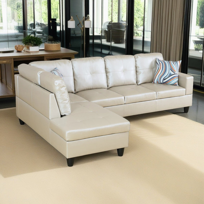 Bawan Faux Leather L-Shaped Sectional, Left Hand Facing, Ivory Faux Leather
