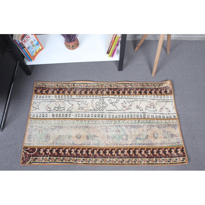 Small Turkish Vintage Patchwork Oushak Rug in Brown for Entryway Boasting an Oriental Boho Design