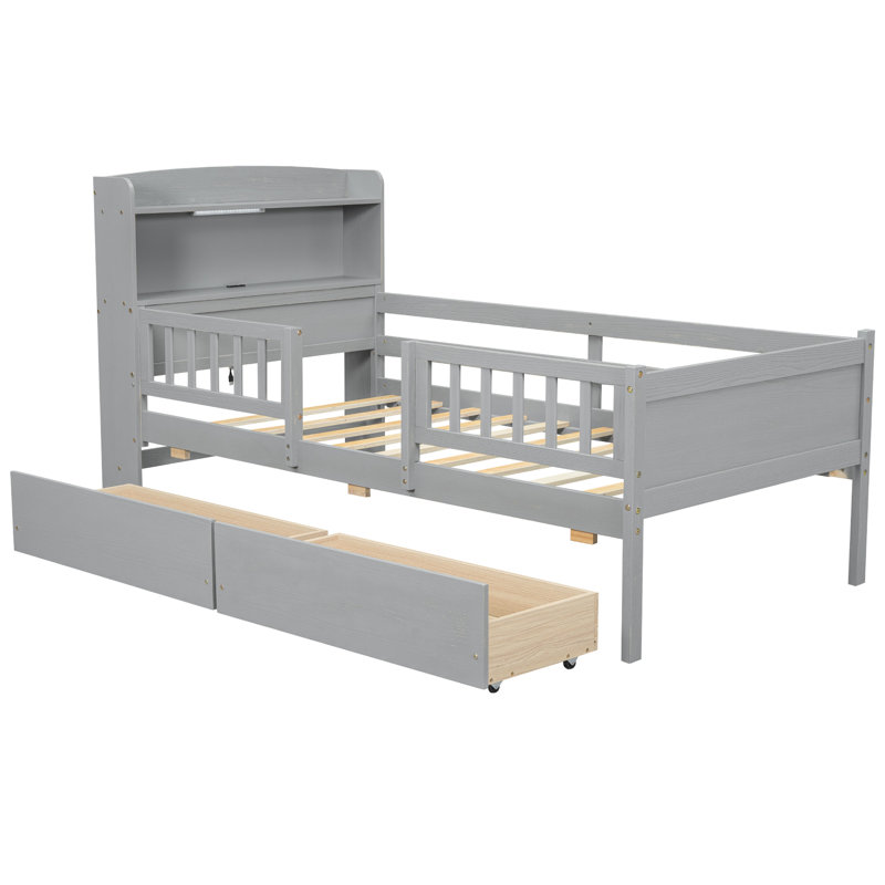 Twin Wood Platform Bed With Led Lighting, Multi-Purpose Headboard, Guardrail And 2 Drawers In Gray Color Built-In , Versatile