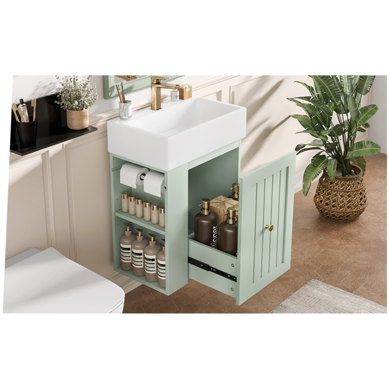 Meuble-lavabo de 20 pouces avec lavabo en céramique, armoire de rangement en panneau de fibres à densité moyenne avec tiroir, tablette latérale et poignée dorée - meuble-lavabo moderne pour les petites salles de bain