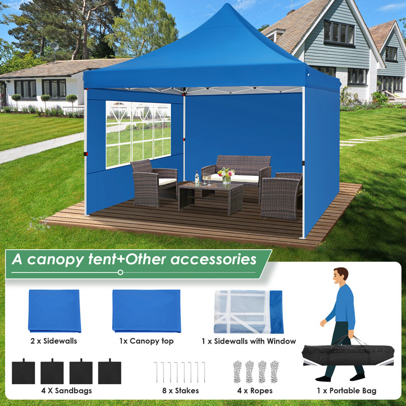 10x10 Pop Up Canopy Tent with 3 Sidewalls, Blue