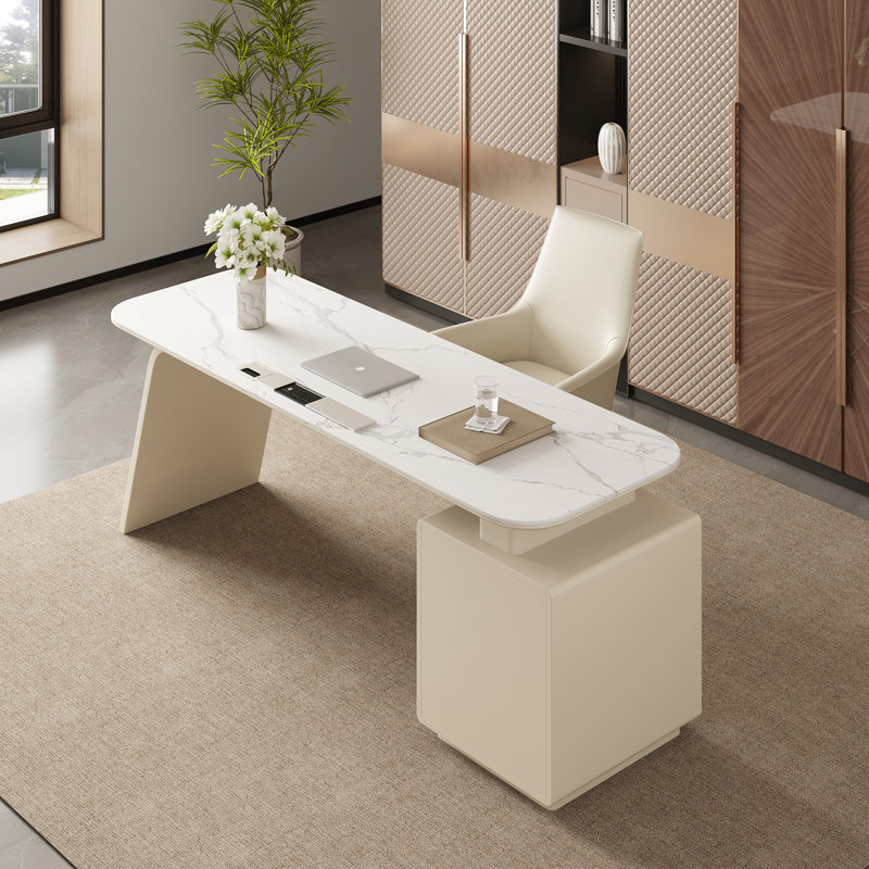 Bureau de direction pour bureau à domicile avec plateau en marbre artificiel à 3 tiroirs et prises encastrées