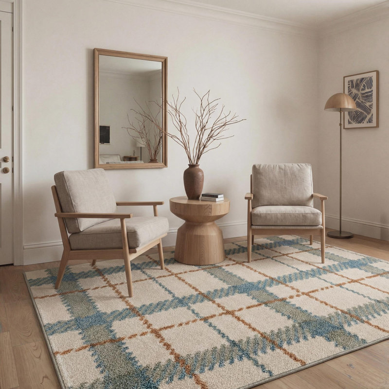 Modern Plaid Machine Washable Beige / Blue / Orange Indoor Area Rug with Non-Slip Backing, Round 5'
