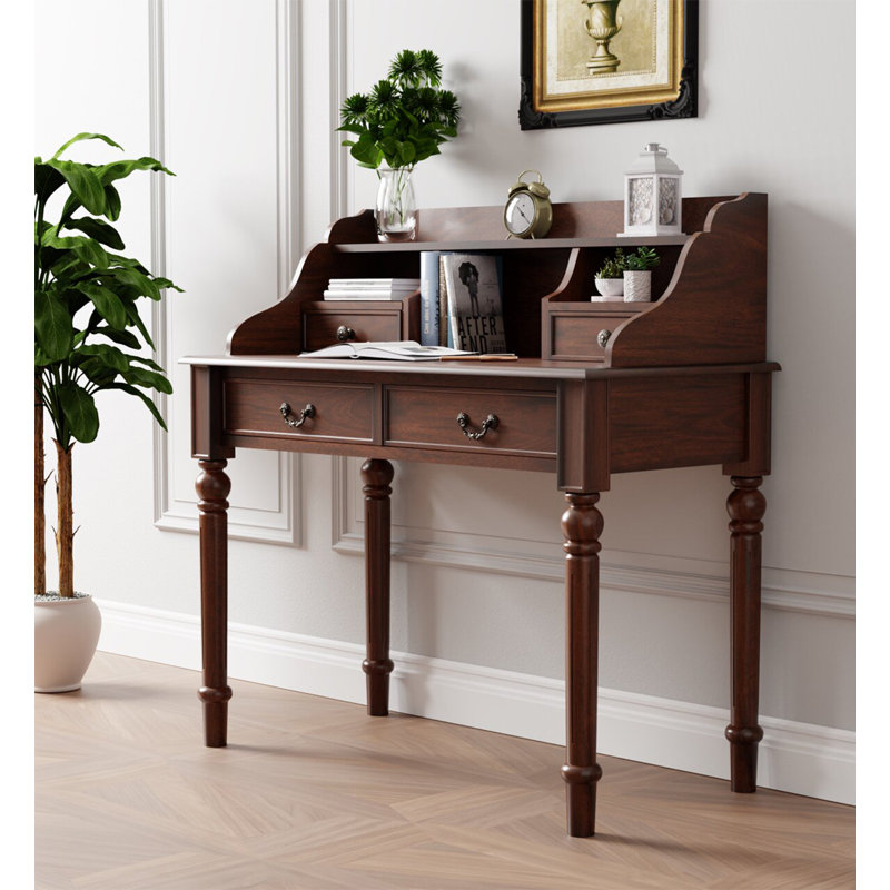 Bureau d'écriture vintage en bois avec tablette et tiroirs de rangement