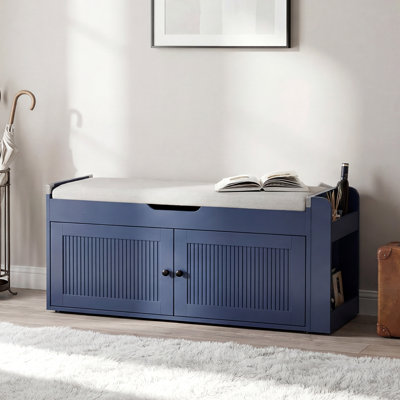 39.4” Modern Farmhouse Storage Bench with Cushion, Upholstered Shoe Bench with Shelf for Entryway, Mudroom, Hallway