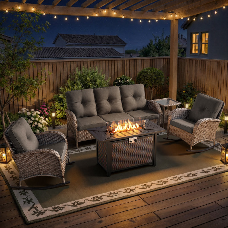 Ensemble de canapé d'extérieur en rotin 5 pièces avec chaises berçantes et foyer, Gris