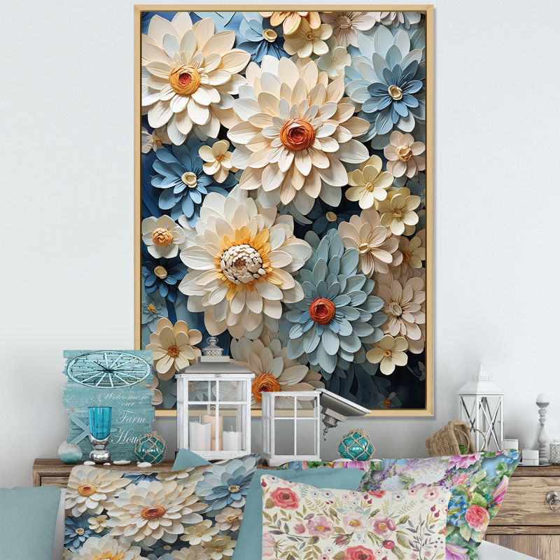 " Blue Blooms Zinnias Flowers II ", Natural Floater Framed, 20" H x 12" W