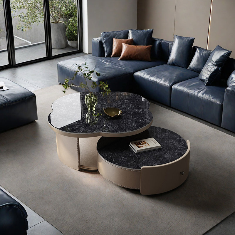 Modern stone slab coffee table set, Black/White