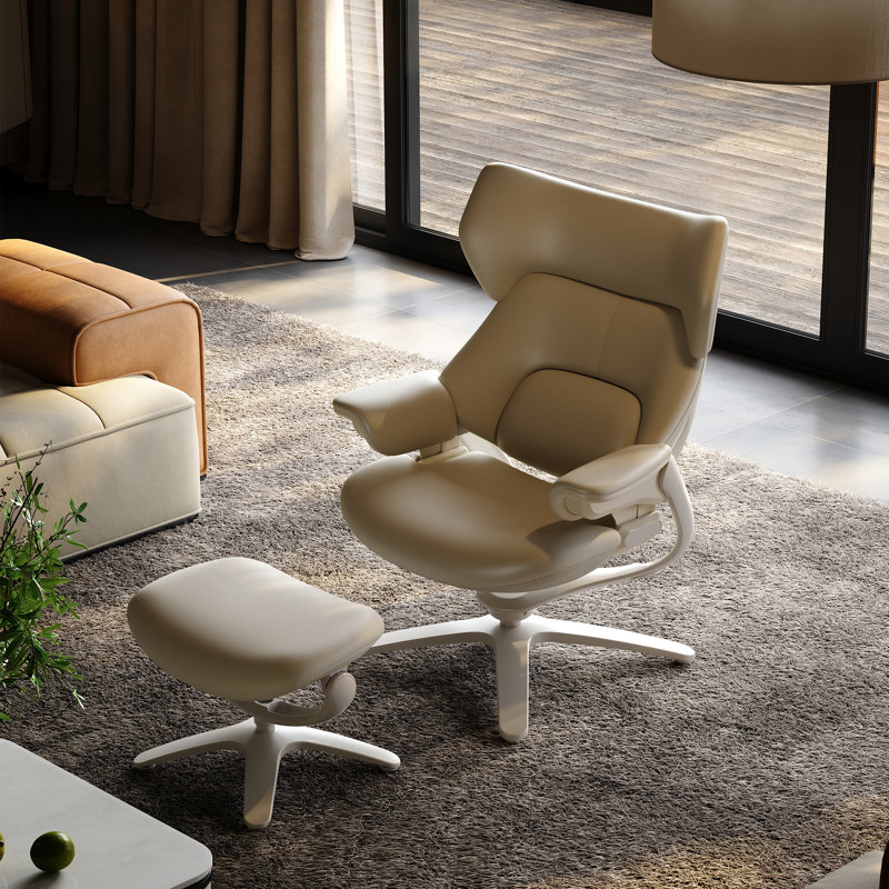 Genuine Leather Reclining Swivel Chair with Adjustable Headrest and Ottoman for Living Room, Executive Office, Bedroom,Study. Real Leather Luxury Recliner for Reading and Relax(White)