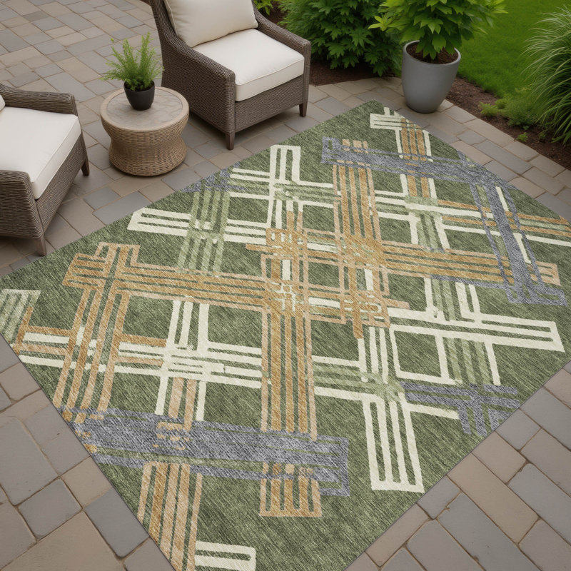 Machine Washable Indoor/Outdoor Chantille ACN2452 Geometric Rug, Olive, 9' x 12'