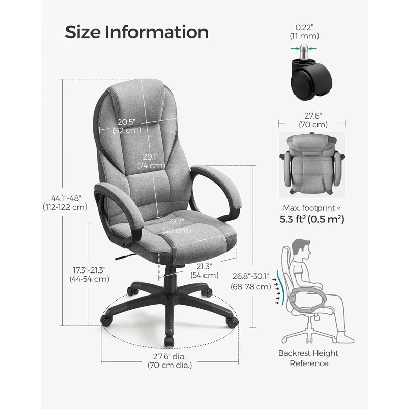 Ergonomic Swivel Chair, Adjustable Height, For Office, Telework, With Silent Castors, 28.7" L X 27.6" W X (44.1"-48" H), Grey