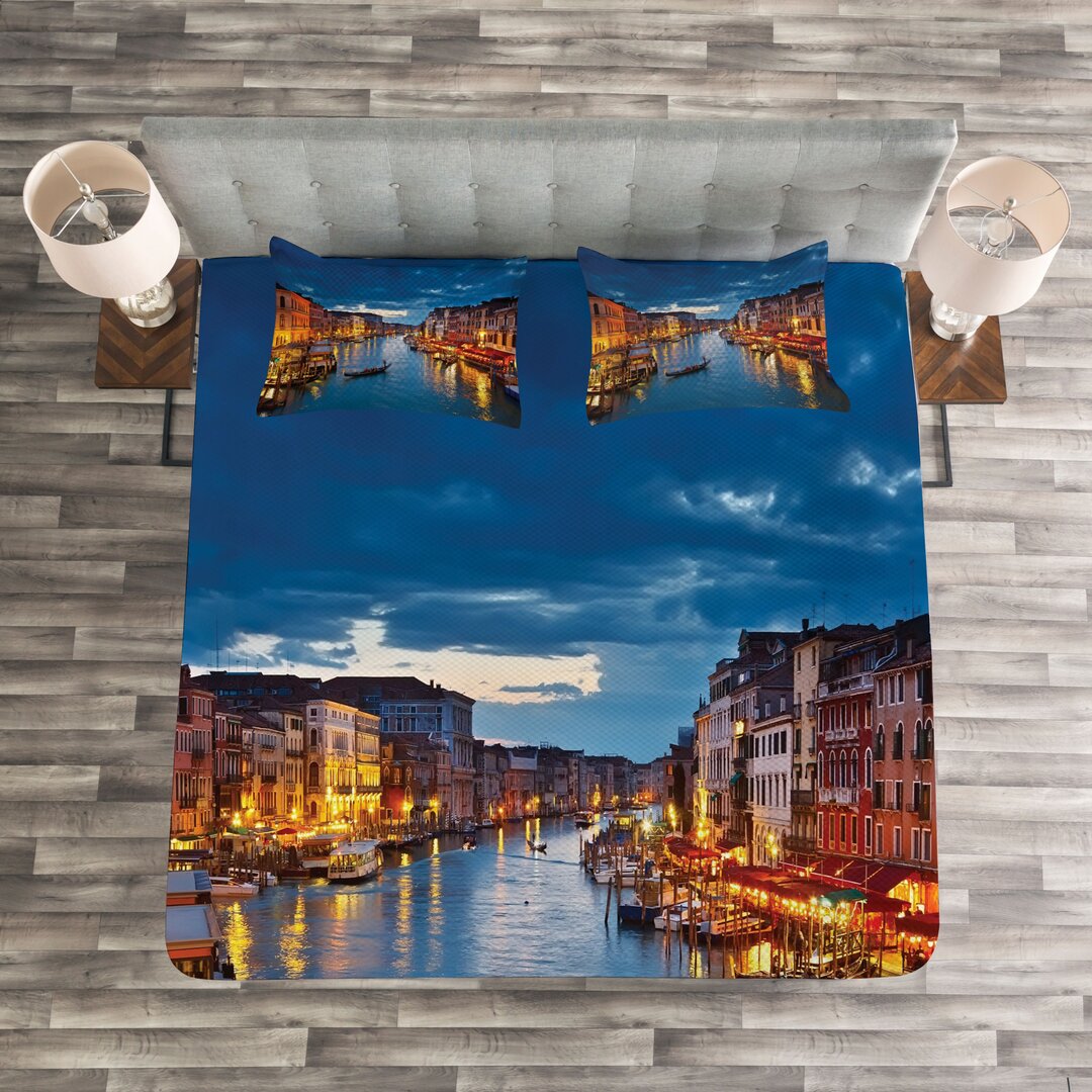 Tagesdecke Set, Blick auf den Canal Grande Rialto, Venedig, Indigo und Gelb