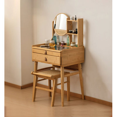 Ensemble de coiffeuse en bambou naturel avec miroir rond, tablettes ouvertes et tabouret assorti