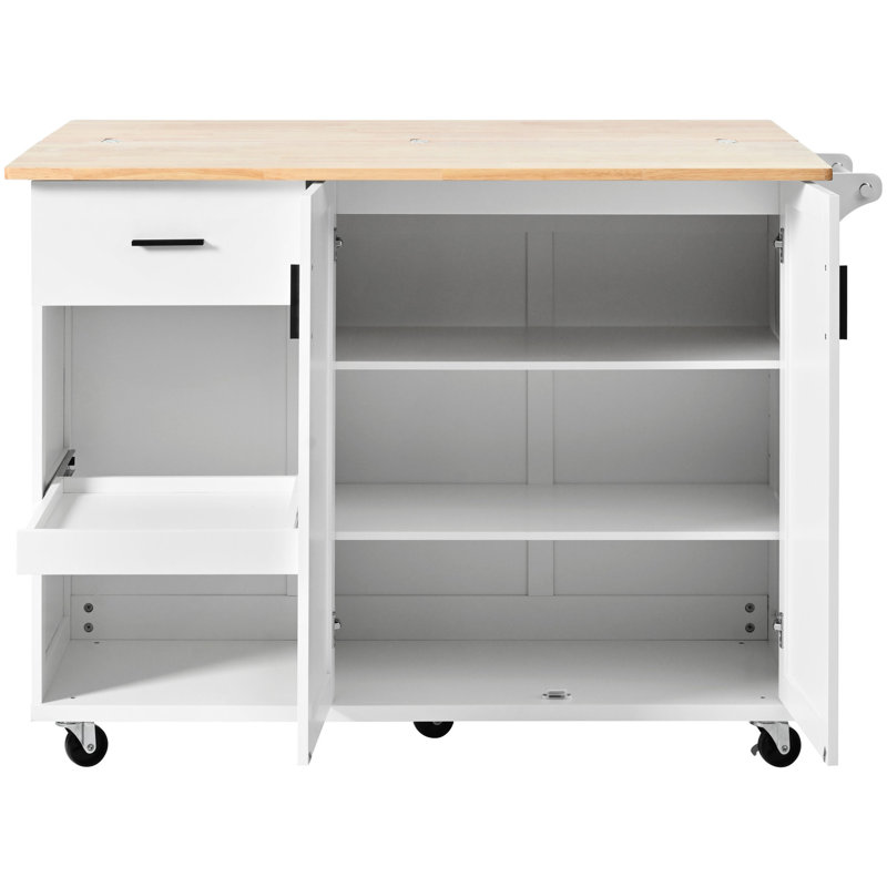 Îlot de cuisine moderne avec tablettes et tiroir verrouillables - bureau pliable blanc, porte-serviettes, tiroir, tablette coulissante et roulettes pour plus de fonctionnalité