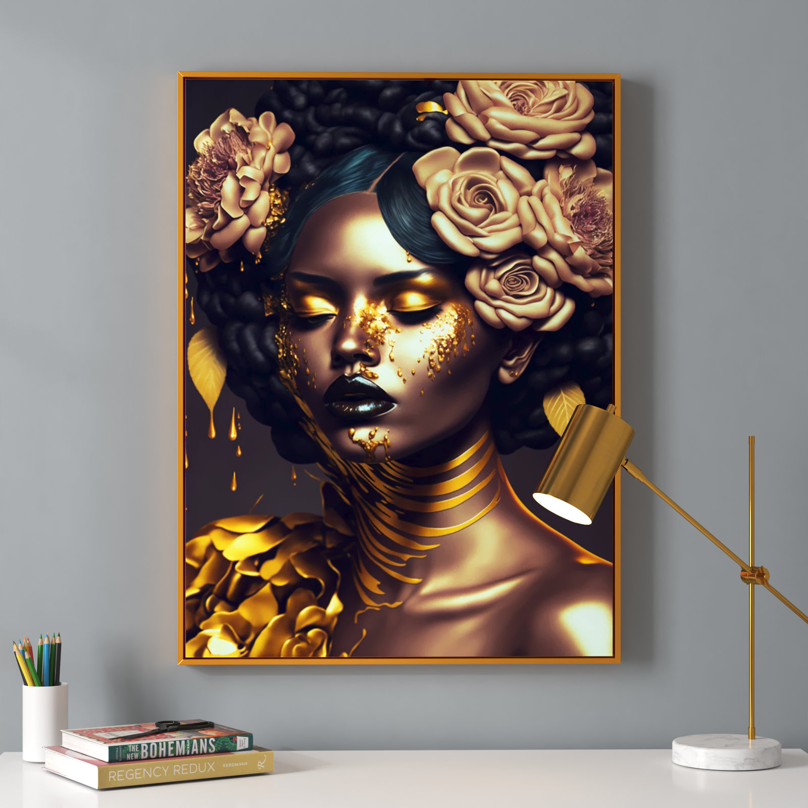 Black Golden Flower Abstract Wall Art Canvas Print