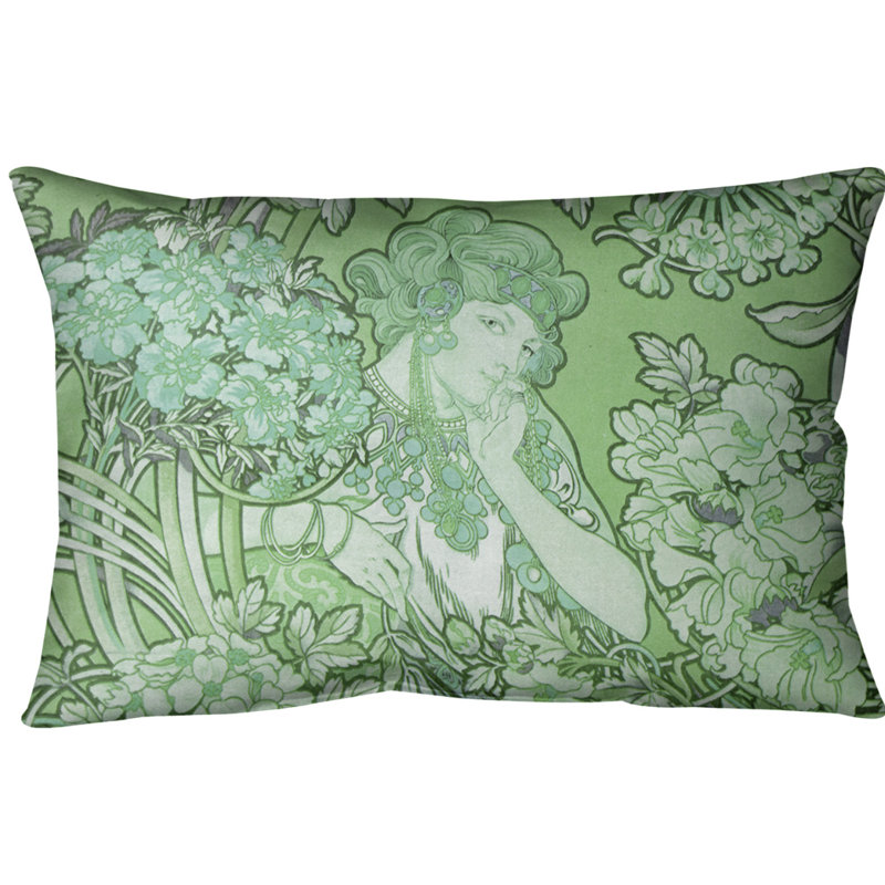Coussin lombaire à fleurs alphonse mucha, Vert, Sergé de coton