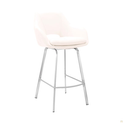 Freya White Faux Leather And Brushed Stainless Steel Swivel 30" Bar Stool