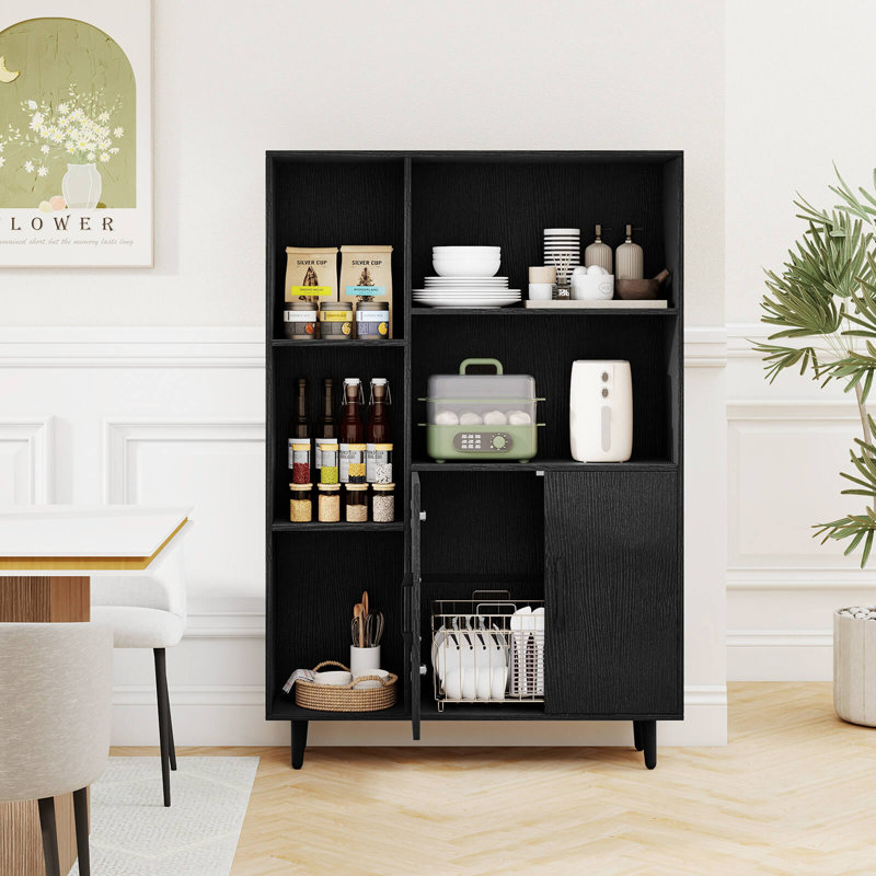 Free Standing Storage Cabinet with 5 Open Shelves Double Door Cabinet Metal Legs Black