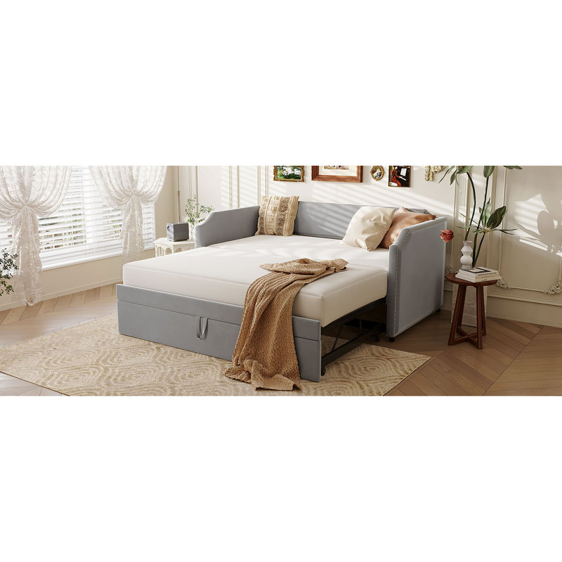 Twin Size Velvet Upholstered Daybed With Pop Up Trundle, Gray