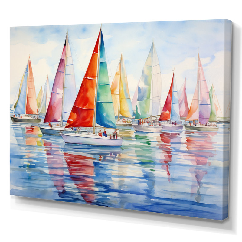 «Miminimlaism Watercolor Regatta III - Bateau à voile, art mural», H 30 po x l 40 po x P 1,5 po, Toile tendue