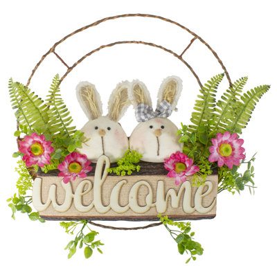 Easter Bunny Couple Floral Springtime "Welcome" Wreath  Pink And Green 19-Inch