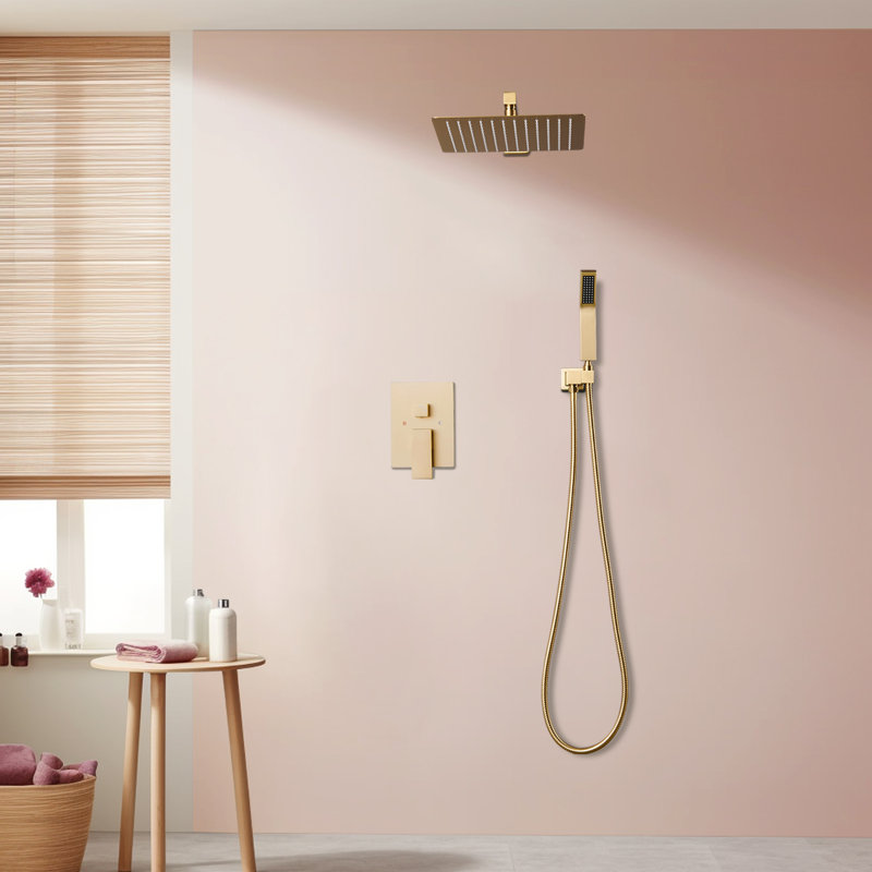Complete Shower System With Rough-In Valve with 10 Inches Rain Shower Head, Brushed Gold