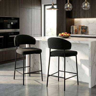 Set of 2 Jasso Boucle Upholstered Fabric Counter Stool with Black Iron Legs