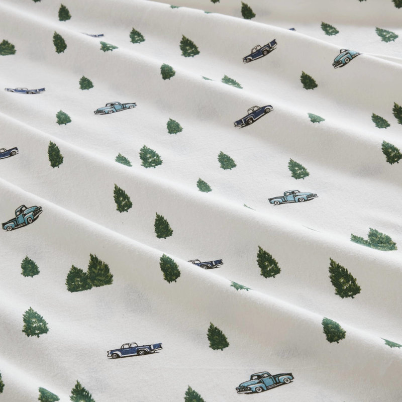 Ensemble de draps 4 pièces pour très grand lit avec arbres et camions, flanelle 100% coton, matelas double / double 12 po, grand / très grand / drap doux 14 po entièrement brossé des deux côtés, lavable à la machine, convient au matelas