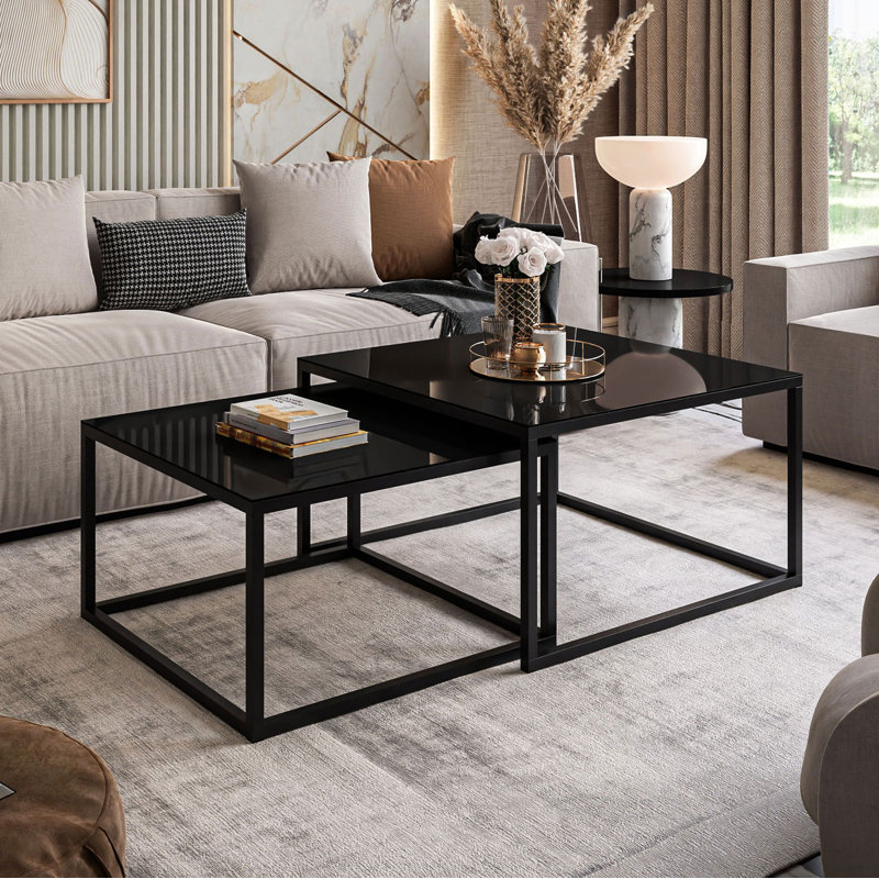 Whitinsville 2 Piece Coffee Table, Black, 45cm H x 70cm W x 70cm D, Black