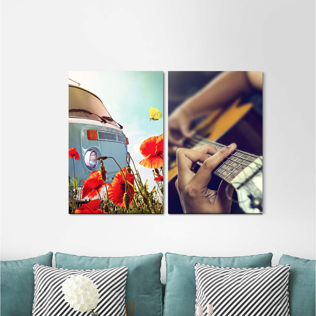 2-tlg. Leinwandbilder-Set - Grafikdruck „Bus Flowers Summer Guitar Chillig Holiday Music”