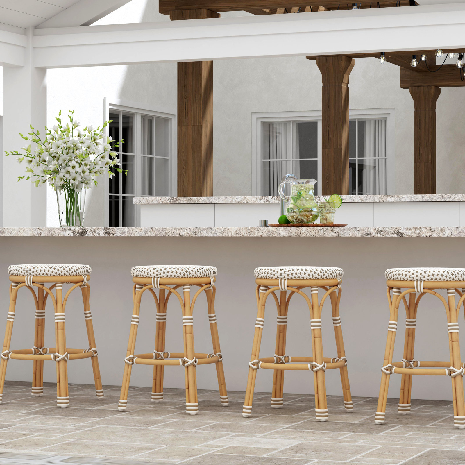 Ellie Patio Bar Stool, Beige/White