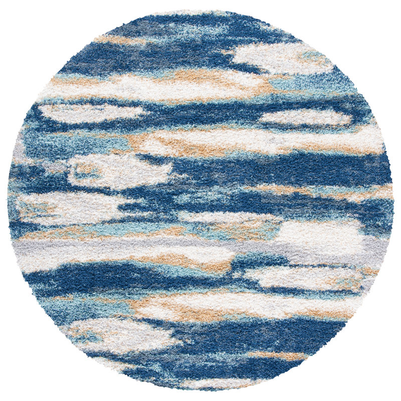 Tapis bleu marine / ivoire à motif abstrait Araya, Rond 5 pi 3 po