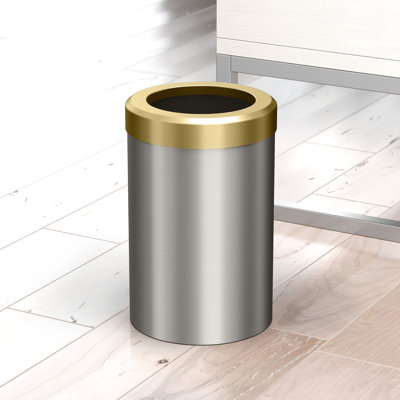 Latitude II Round Stainless Steel 2.9 Gallon Waste Basket | Open Top Trash Can With Removable Lid and Padded Base