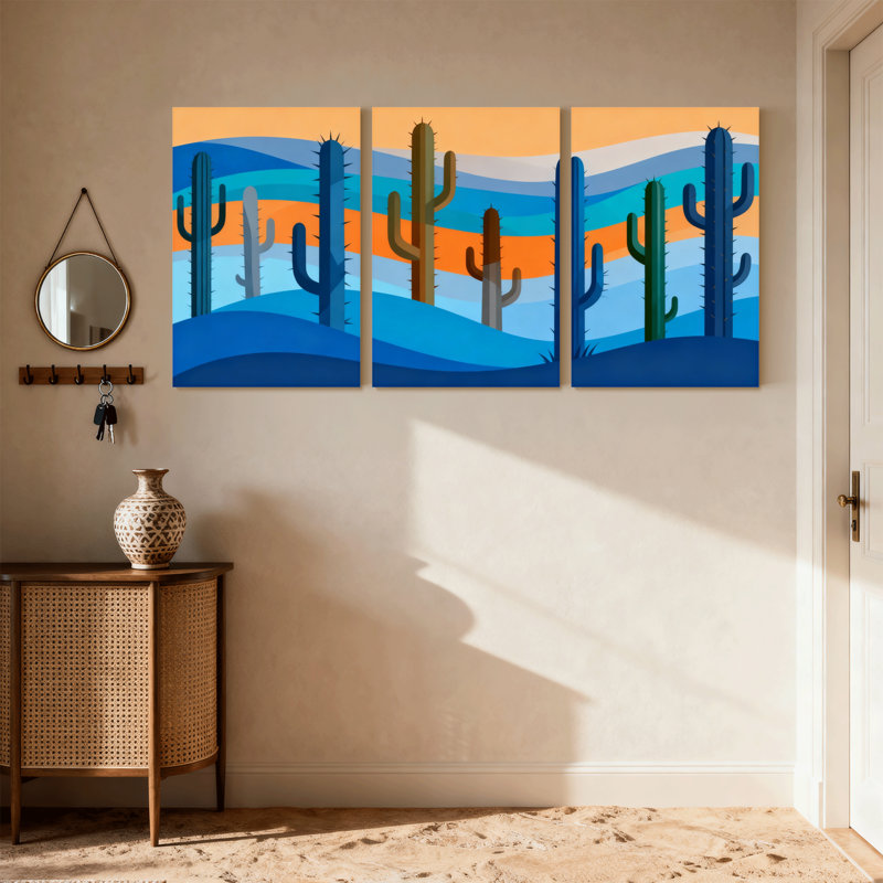 Cactus, paysage désertique, coucher de soleil, horizon, réflexion sur toile, ensemble de 3 impressions sur toile