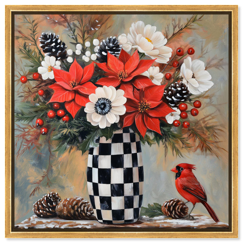 Art floral sur toile damier , 41" H x 41" W, Cadre doré