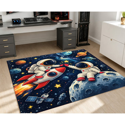 Tapis lavable à la machine sur le thème des fusées et des astronautes, avec envers antidérapant et motif d'étoiles de la galaxie. Décoration intérieure confortable pour dortoir, salon, chambre à coucher, entrée, cuisine.