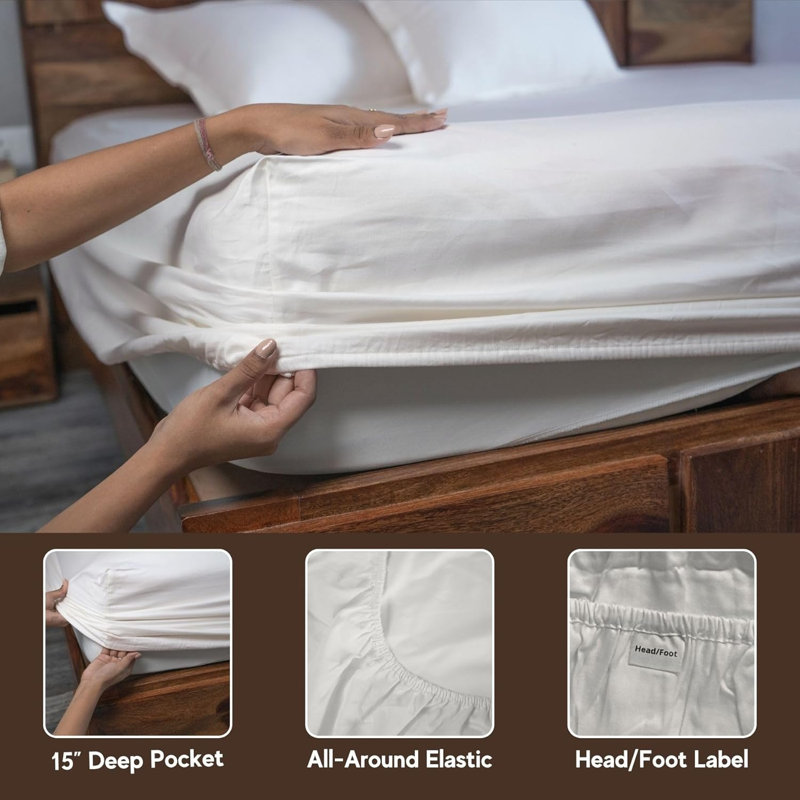 Ensemble de lit en draps 100% coton naturel Home Prides - satin de coton à densité de tissage 500, Ivoire ivoire