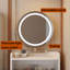 Meuble-lavabo 3 en 1 avec miroir et lumière, petit meuble-lavabo avec station de charge, 2 tiroirs et espace de rangement ouvert, tabouret rembourré, coiffeuse compacte pour coiffeuse