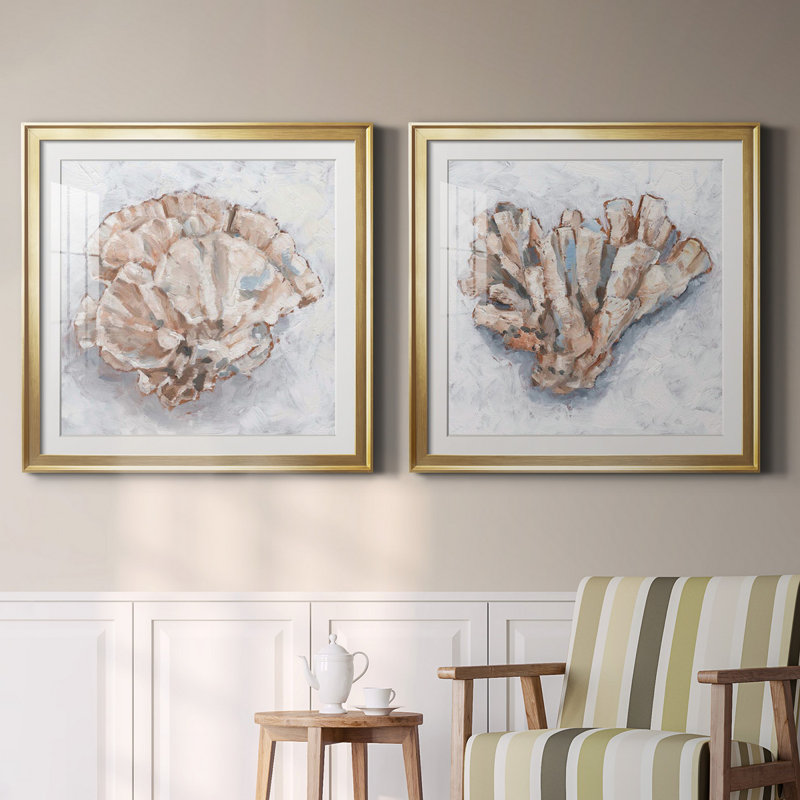 Coral Show III - ensemble de 2 peintures encadrées, Papier encadré doré, H 34,5 po x l 69 po x P 1,5 po, Blanc