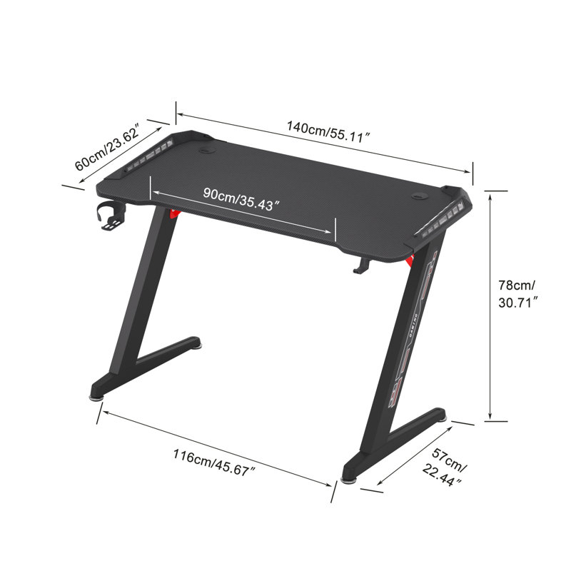 140cm Z-shaped Computer Gaming Desk Laptop Pc Table W/ Rgb Led Lights Home Office Workstation