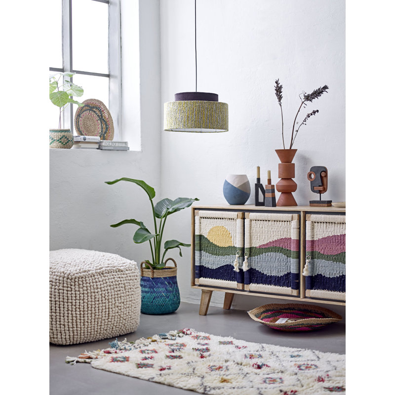 Mango Wood Console with 2 Shelves 3-Panel Sunset Scene Woven Rope Doors and Tassels