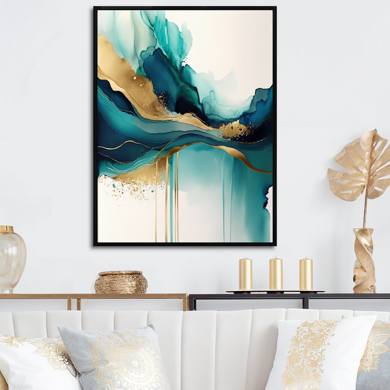«Teal and Gold Abstract Expression II», art abstrait à l'encre liquide, H 40 po x l 30 po, Cadre flottant, Noir