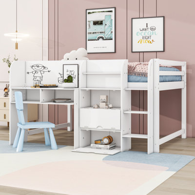 Lit mezzanine double en bois avec armoires de rangement intégrées, tablettes, bureau et tableau blanc