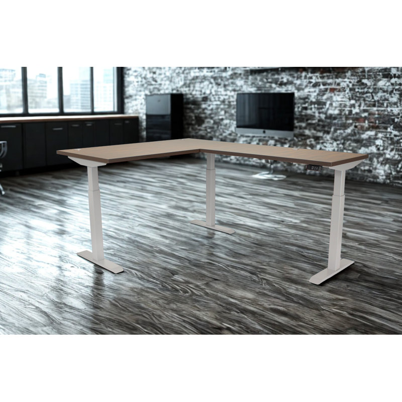 Skyline Electric Height Adjustable 72x24x48x24 L-Shape Standing Desk for Office and Home, Walnut Block Top with Brushed Silver Frame