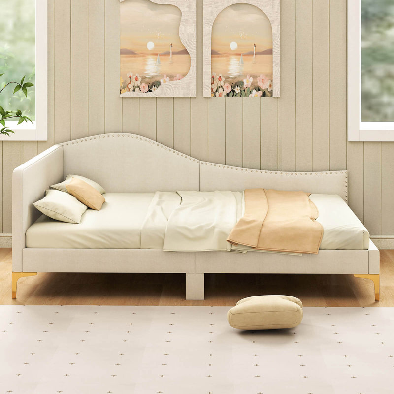 Lit plateforme tapissier capitonné à rivets avec pieds en métal, Lit double, Beige