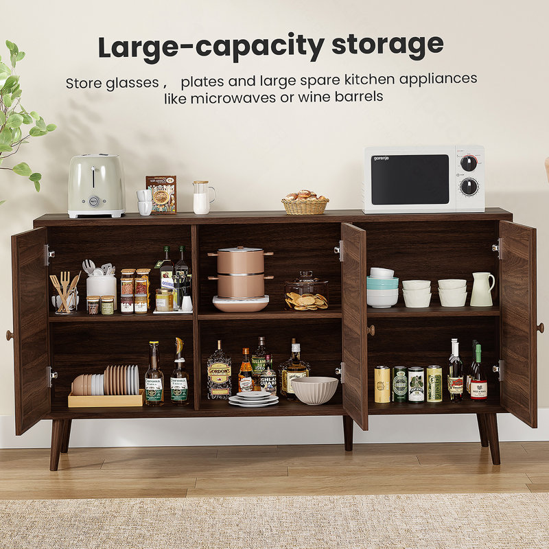 Sideboard Buffet Cabinet With 3 Rattan Doors, Kitchen Storage Cabinet For Entryway Living Room, Walnut