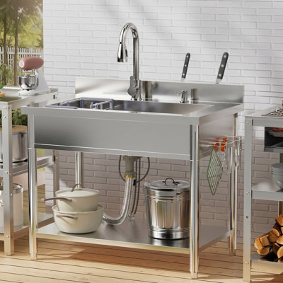 Stainless Steel Utility Sink, 39.5" × 23.6" Freestanding Sink with 360° Retractable Cold and Hot Water Faucet,Hoses and Drain Kit for Kitchens, Bathrooms, Garage, Laundry Room