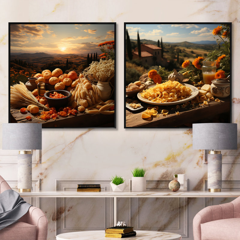 Romantiques pâtes rustiques - ensemble de 2 collages carrés repas et pique-nique, Cadre flottant noir, H 16 po x l 33 po