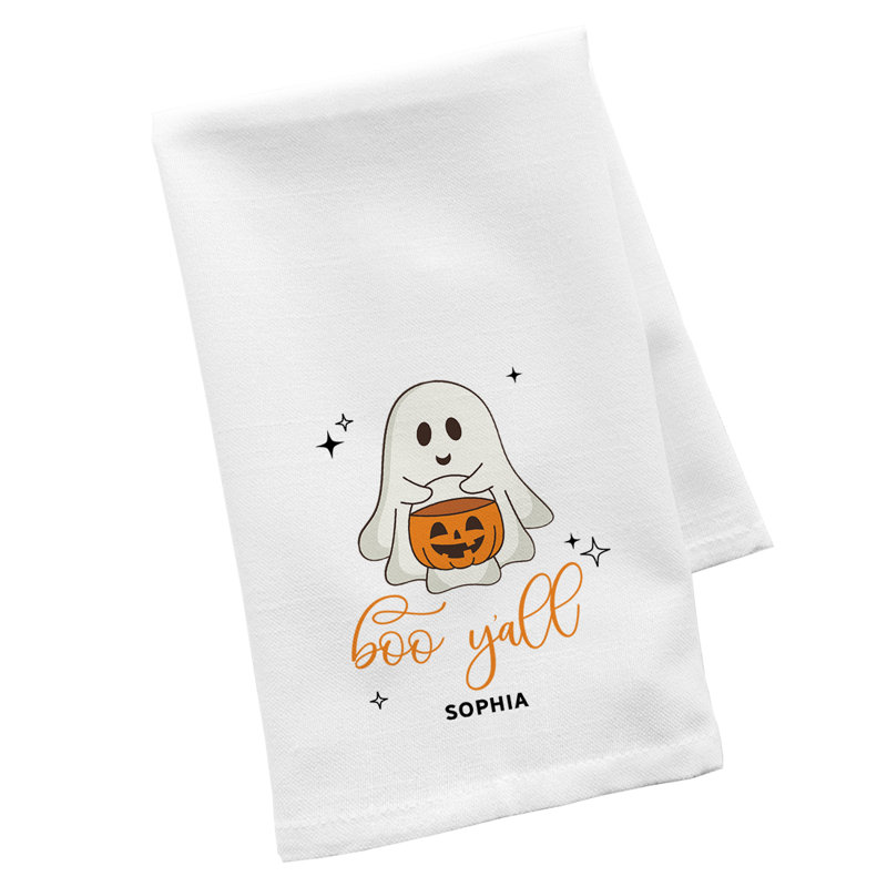 Custom Halloween Kitchen Towel, Cute Ghost Boo Yall Design, Flour Sack Cotton, Halloween Decor, Custom Name, Yes